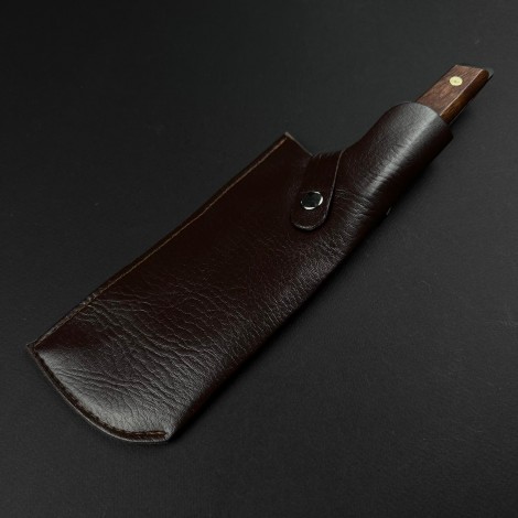 Cutit macelarie tip satar KingGary 29cm, lama corb fier forjat, maner lemn maro, husa piele