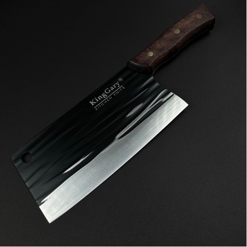 Cutit macelarie tip satar KingGary L592 31cm, lama 19x9cm fier forjat, maner lemn maro