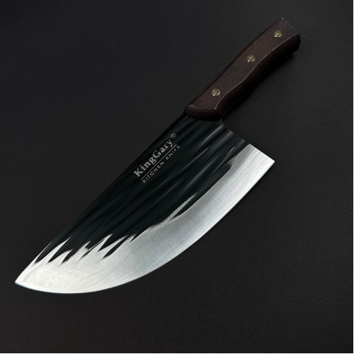 Cutit macelarie tip satar KingGary L592B 32cm, lama 21x9cm fier forjat, maner lemn maro