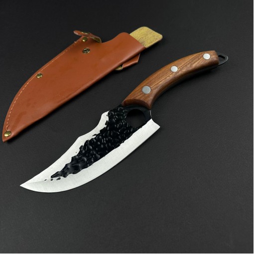 Cutit macelarie tip satar 28cm, lama fier forjat, maner lemn, husa piele