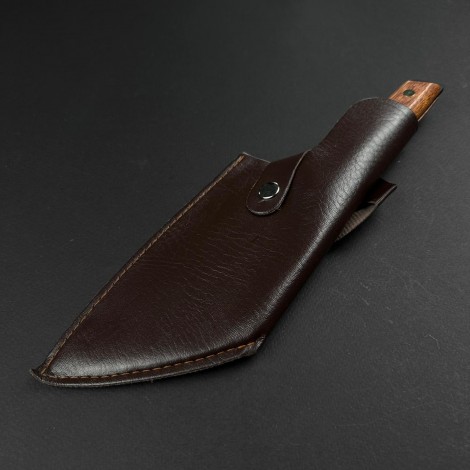 Cutit macelarie tip satar KingGary 26cm, lama curba alungita fier forjat, maner lemn maro, husa piele