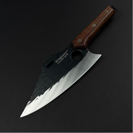 Cutit macelarie tip satar KingGary 28cm, lama curba alungita fier forjat, maner lemn maro, husa piele