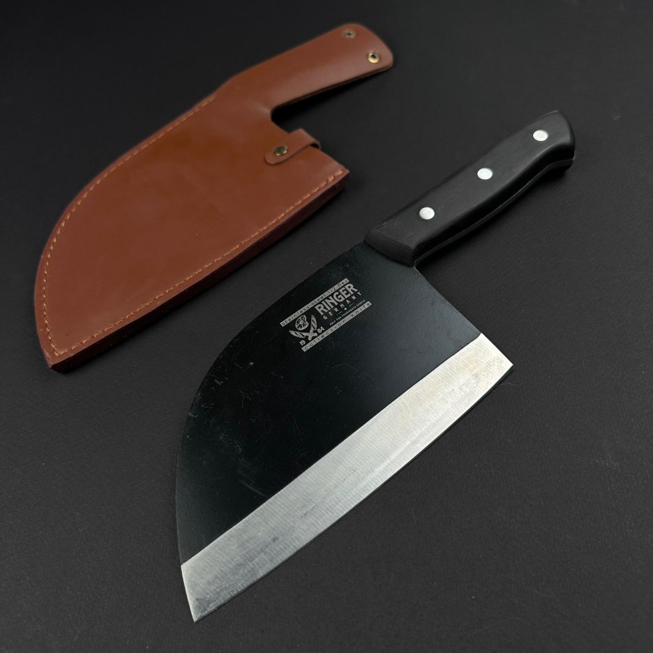 Cutit macelarie tip satar Ringer 28cm, lama 17x13cm otel inox, maner lemn negru, teaca piele