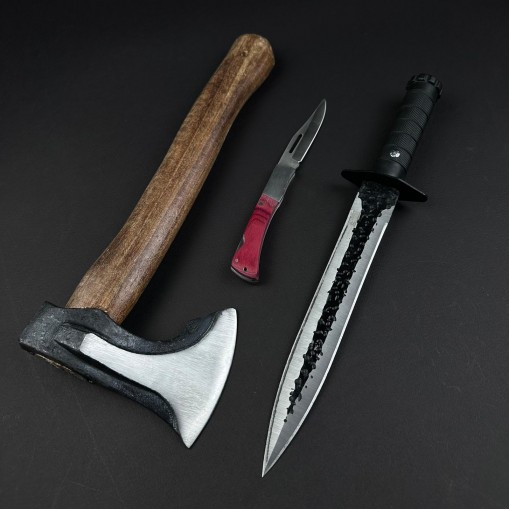 Set hobby 2 piese, Toporisca 34cm, Cutit Macelarie fier forjat si Briceag cadou FR21