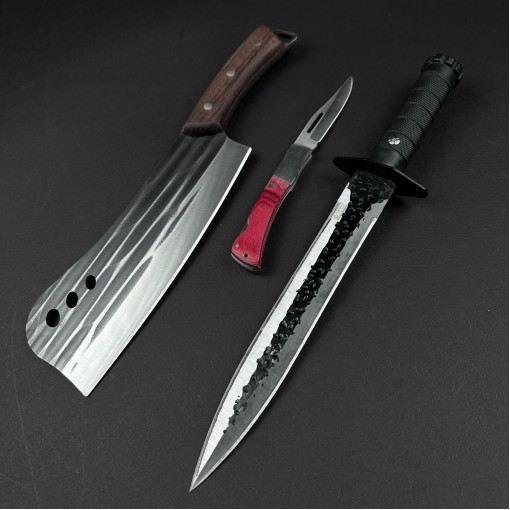 Set hobby 2 piese, Satar 33cm, Cutit Macelarie fier forjat si Briceag cadou FR21