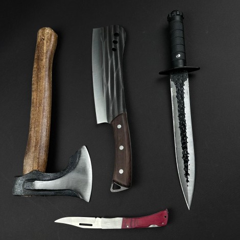 Set hobby 3 piese, Toporisca 34cm, Satar 33cm, Cutit Macelarie fier forjat si Briceag cadou FR21