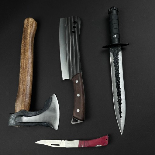 Set hobby 3 piese, Toporisca 34cm, Satar 33cm, Cutit Macelarie fier forjat si Briceag cadou FR21