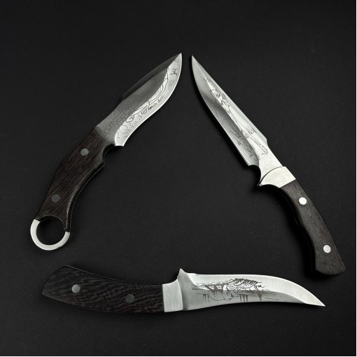 Set hobby 3 cutite 25-27 cm, lama otel inox gravata, teaca piele, maner lemn