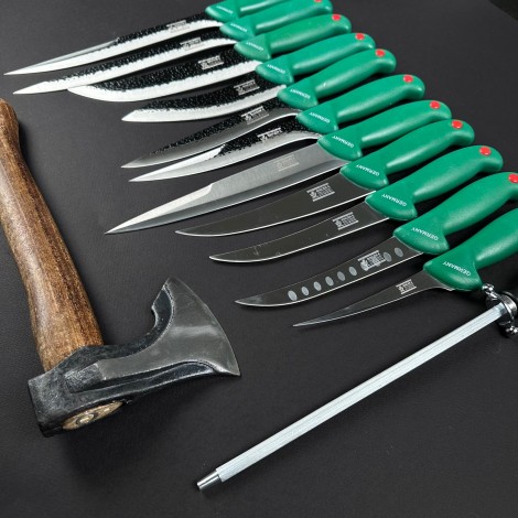 Set macelarie 13 piese, Toporisca 34cm si 6 cutite fier forjat, 5 cutite inox + pila ascutit, verde MPVE