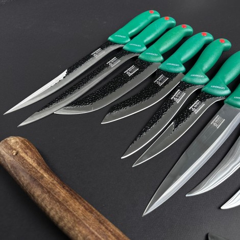 Set macelarie 13 piese, Toporisca 34cm si 6 cutite fier forjat, 5 cutite inox + pila ascutit, verde MPVE