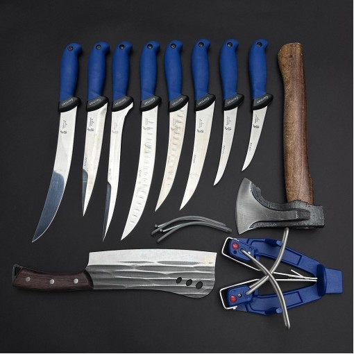 Set macelarie maner silicon SLNA B 11 piese, Toporisca 34cm, Satar 33cm si 8 cutite otel inox + Dispozitiv ascutit, albastru