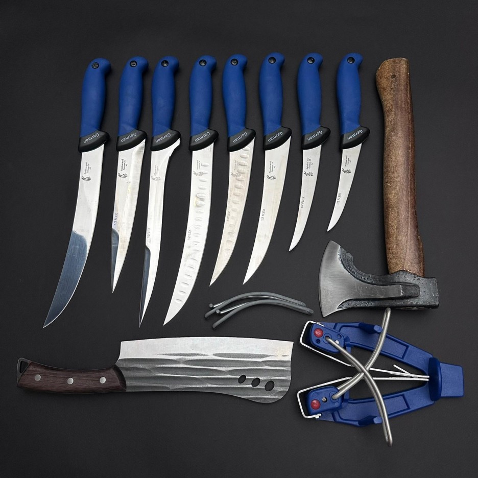 Set macelarie maner silicon SLNA B 11 piese, Toporisca 34cm, Satar 33cm si 8 cutite otel inox + Dispozitiv ascutit, albastru