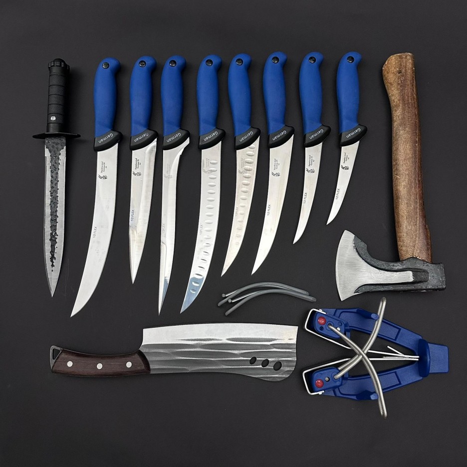 Set macelarie maner silicon SLNA 12 piese, Toporisca 34cm, Satar 33cm, Cutit fier forjat si 8 cutite otel inox + Dispozitiv ascutit, albastru