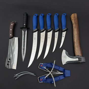 Set macelarie maner silicon SLNA 9 piese, Toporisca 34cm, Satar 33cm, Cutit fier forjat si 5 cutite otel inox + Dispozitiv ascutit, albastru