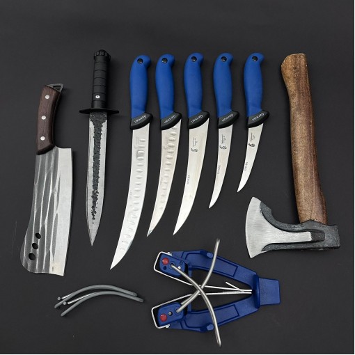 Set macelarie maner silicon SLNA 9 piese, Toporisca 34cm, Satar 33cm, Cutit fier forjat si 5 cutite otel inox + Dispozitiv ascutit, albastru