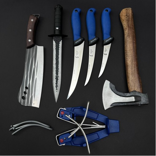 Set macelarie maner silicon SLNA 7 piese, Toporisca 34cm, Satar 33cm, Cutit fier forjat si 3 cutite otel inox + Dispozitiv ascutit, albastru