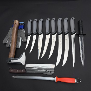 Set macelarie maner silicon SLNG 13 piese, Toporisca 34cm, Satar 33cm, Cutit fier forjat i9FF si 8 cutite otel inox + Pila ascutit si Manusa, gri