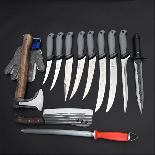 Set macelarie maner silicon SLNG 13 piese, Toporisca 34cm, Satar 33cm, Cutit fier forjat i9FF si 8 cutite otel inox + Pila ascutit si Manusa, gri
