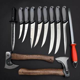 Set macelarie maner silicon SLNG 12 piese, Toporisca 34cm, Toporisca Yin-Yang, Cutit fier forjat si 8 cutite otel inox + pila ascutit, gri
