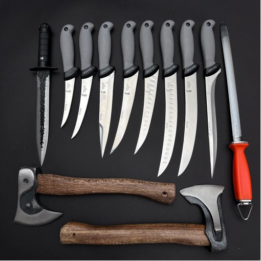 Set macelarie maner silicon SLNG 12 piese, Toporisca 34cm, Toporisca Yin-Yang, Cutit fier forjat si 8 cutite otel inox + pila ascutit, gri