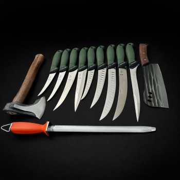 Set macelarie maner silicon SLNV 12 piese, Toporisca 34cm, Satar 33cm si 9 cutite otel inox + pila ascutit, verde