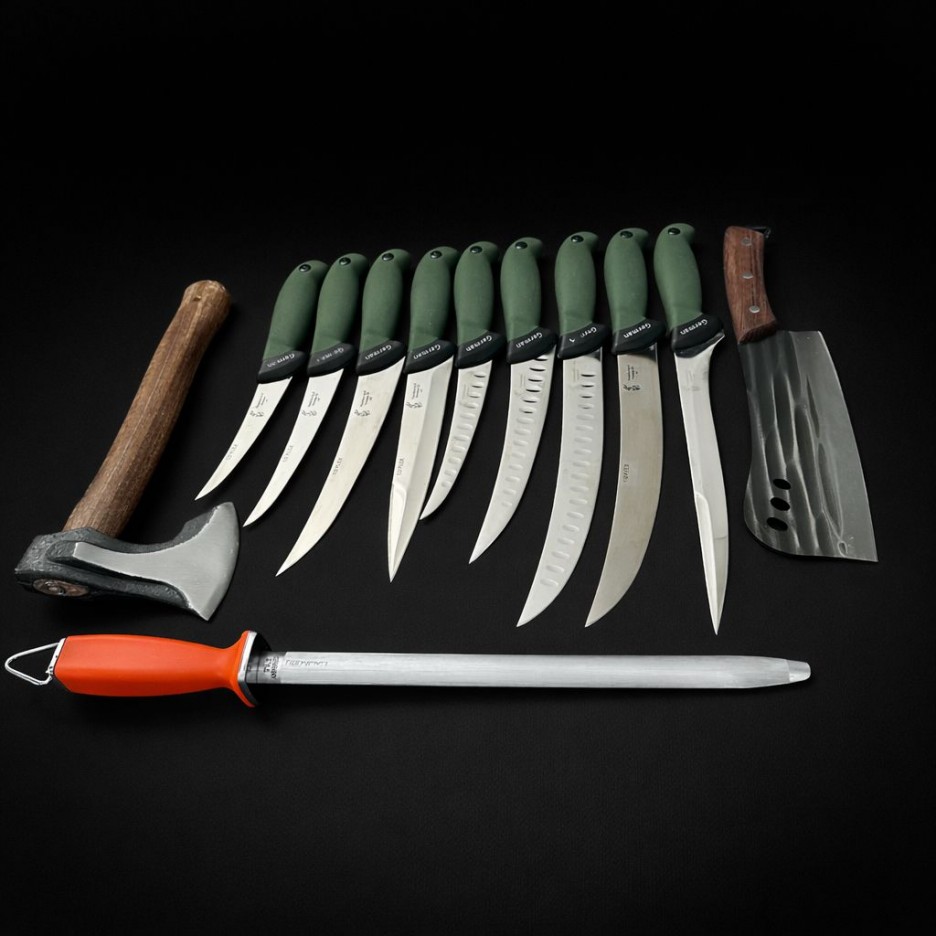 Set macelarie maner silicon SLNV 12 piese, Toporisca 34cm, Satar 33cm si 9 cutite otel inox + pila ascutit, verde