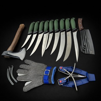 Set macelarie maner silicon SLNV 13 piese, Toporisca 34cm, Satar 33cm si 9 cutite otel inox + Dispozitiv ascutit si Manusa, verde