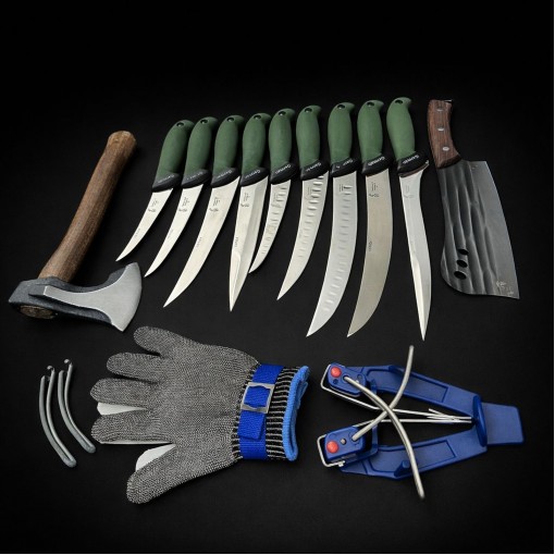 Set macelarie maner silicon SLNV 13 piese, Toporisca 34cm, Satar 33cm si 9 cutite otel inox + Dispozitiv ascutit si Manusa, verde