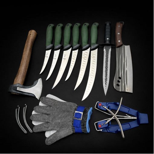 Set macelarie maner silicon SLNV 11 piese, Toporisca 34cm, Satar 33cm, Cutit fier forjat i9FF si 6 cutite otel inox + Dispozitiv ascutit si Manusa, verde