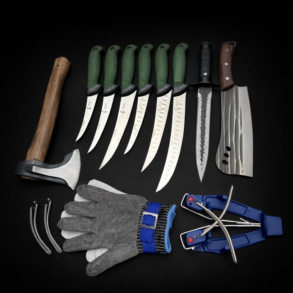 Set macelarie maner silicon SLNV 11 piese, Toporisca 34cm, Satar 33cm, Cutit fier forjat i9FF si 6 cutite otel inox + Dispozitiv ascutit si Manusa, verde