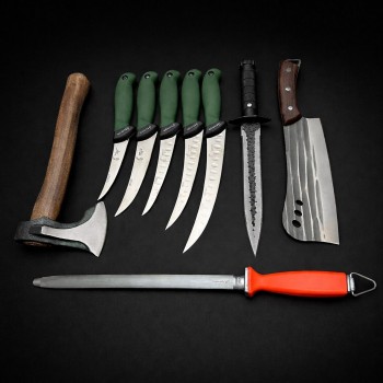 Set macelarie maner silicon SLNV 9 piese, Toporisca 34cm, Satar 33cm, Cutit fier forjat i9FF si 5 cutite otel inox + Pila ascutit, verde