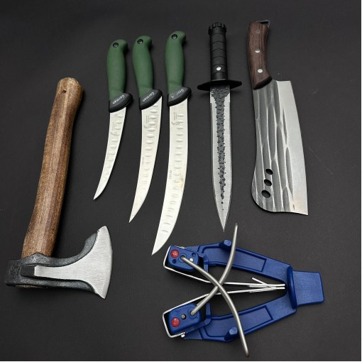 Set macelarie maner silicon SLNV 7 piese, Toporisca 34cm, Satar 33cm, Cutit fier forjat i9FF si 3 cutite otel inox + Dispozitiv ascutit, verde