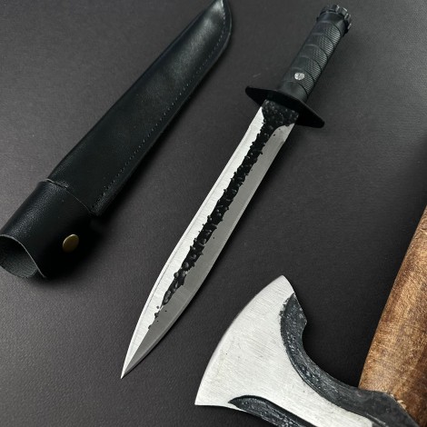 Set 2 piese Măcelărie Black Edition: Toporisca 34cm, Cuțit înjunghiat doua taisuri fier forjat i9ff cu teaca + Cadou kunai 22cm