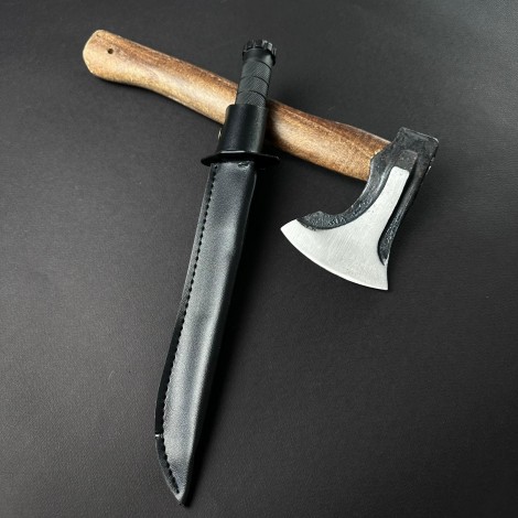 Set 2 piese Măcelărie Black Edition: Toporisca 34cm, Cuțit înjunghiat doua taisuri fier forjat i9ff cu teaca + Cadou kunai 22cm