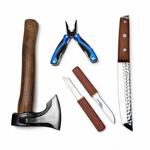 Set HOBBY camping 3 piese, Toporas, Cutit fier forjat, Cutit dublu japonez plus Patent multifuncțional cadou, set4