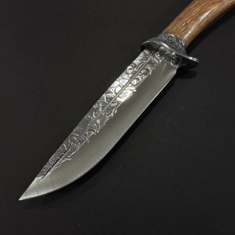 Cutit camping Bowie Silver 31cm, lama fier forjat, maner lemn maro, husa, CUT-SLV31M