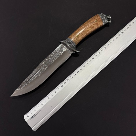 Cutit camping Bowie Silver 31cm, lama fier forjat, maner lemn maro, husa, CUT-SLV31M