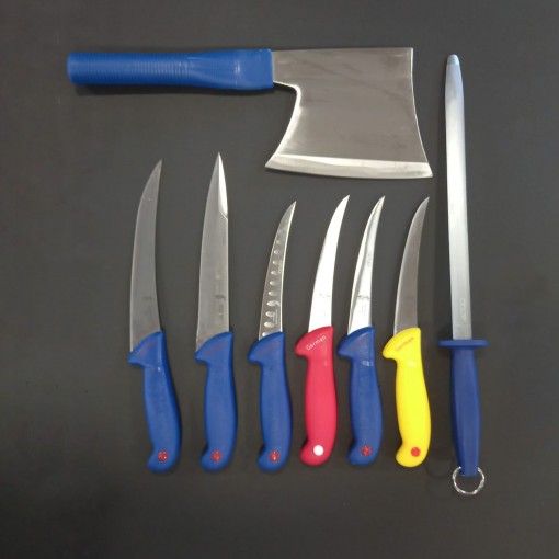 Set macelarie german 8 piese, Satar, 6x Cutite otel inox si Pila ascutit, albastru