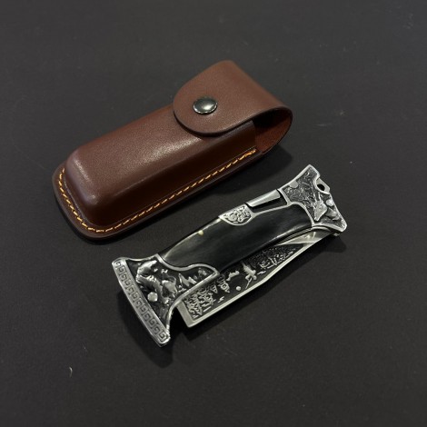 Cutit camping briceag Columbia A3188 24cm, lama otel inox, maner metal+lemn, cu husa, negru