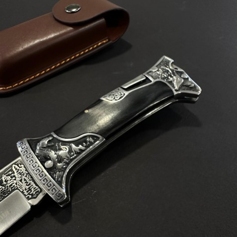 Cutit camping briceag Columbia A3188 24cm, lama otel inox, maner metal+lemn, cu husa, negru