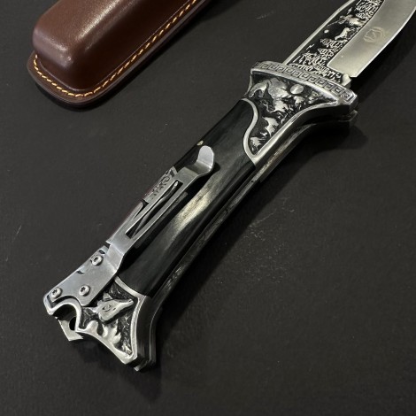 Cutit camping briceag Columbia A3188 24cm, lama otel inox, maner metal+lemn, cu husa, negru