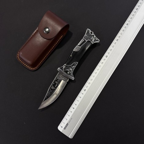 Cutit camping briceag Columbia A3188 24cm, lama otel inox, maner metal+lemn, cu husa, negru