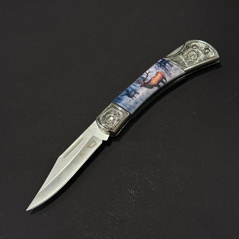 Cuțit briceag camping Anima Cerb 19cm, lama otel inox, mâner imprimeu, ANIM-CRB19BRW