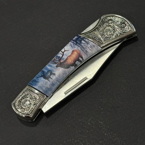 Cuțit briceag camping Anima Cerb 19cm, lama otel inox, mâner imprimeu, ANIM-CRB19BRW