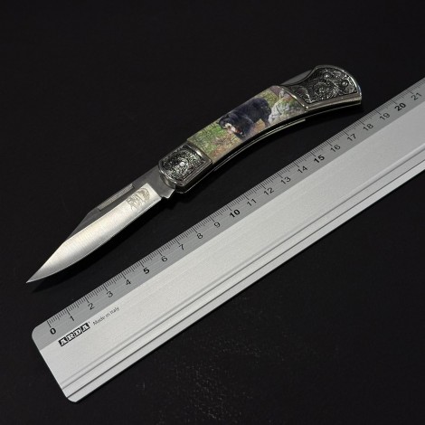 Cuțit briceag camping Anima Urs Negru 19cm, lama otel inox, mâner imprimeu, ANIM-URS19BLK