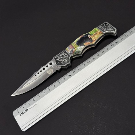 Cuțit briceag camping Anima Urs Negru 21cm, lama otel inox, mâner imprimeu, husa, ANIM-URS21BLK