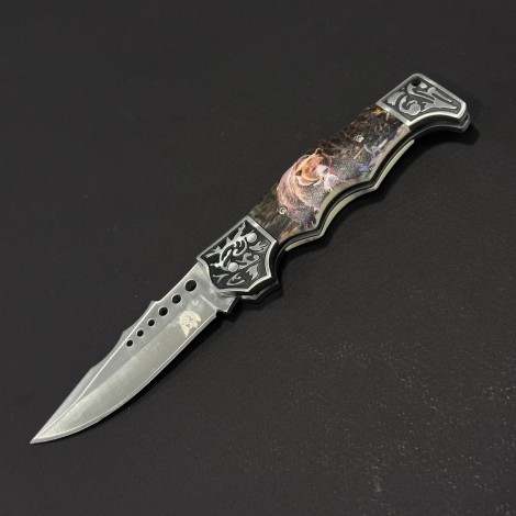 Cuțit briceag camping Anima Urs 21cm, lama otel inox, mâner imprimeu, husa, ANIM-URS21BRW