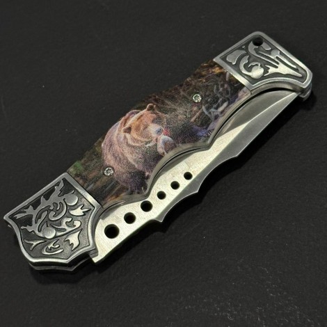 Cuțit briceag camping Anima Urs 21cm, lama otel inox, mâner imprimeu, husa, ANIM-URS21BRW