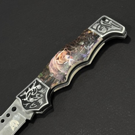 Cuțit briceag camping Anima Urs 21cm, lama otel inox, mâner imprimeu, husa, ANIM-URS21BRW