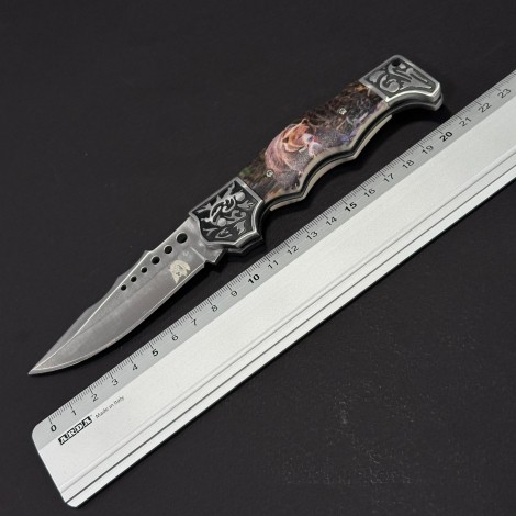 Cuțit briceag camping Anima Urs 21cm, lama otel inox, mâner imprimeu, husa, ANIM-URS21BRW